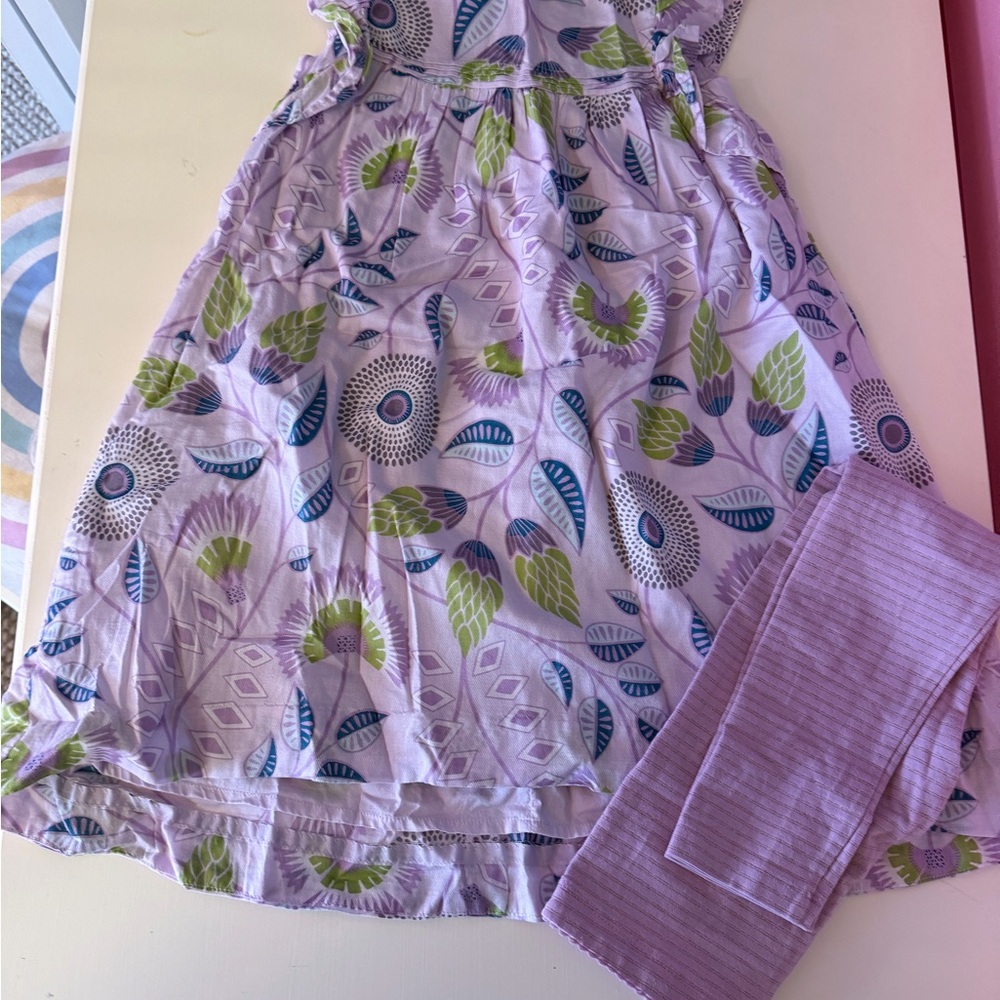 Floral Purple and Green Dress with Leggings